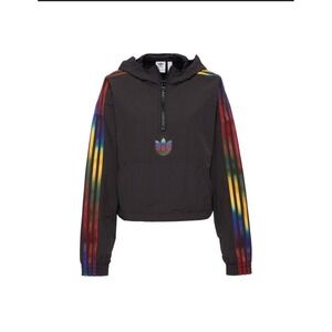 Adidas Rainbow‎ Stripe Cropped Anorak Jacket Hooded Black Womens